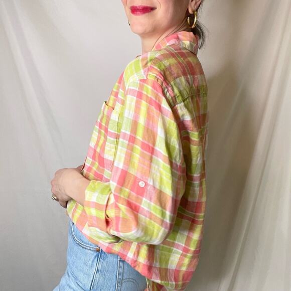 Vintage linen button-down shirt long sleeve plaid blouse watermelon pink green M - Picture 14 of 17
